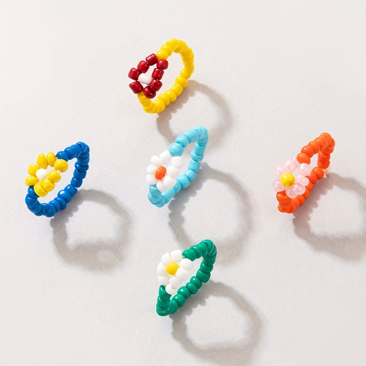 5 Bohemian Colorful Rice Bead Woven Flower Rings, Stackable